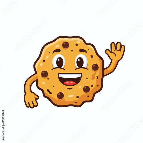 Cheerful cookie character with arms waving, smiling broadly on a white background