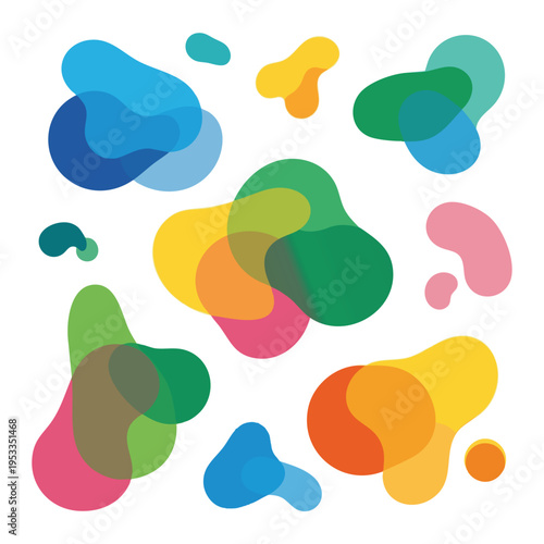 Vibrant, overlapping abstract shapes in various bright colors on a white background