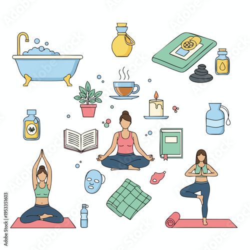 Diverse wellness and relaxation elements including yoga, bath, and self-care items