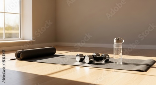 Bright home workout corner with yoga mat, dumbbells and water bottle in sunlit room creating calm minimalist fitness space for daily exercise and stretching

