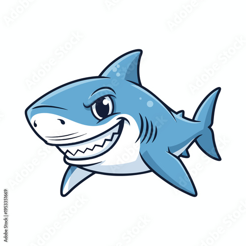 Cartoonish light blue shark with large grin and sharp teeth, looking happy