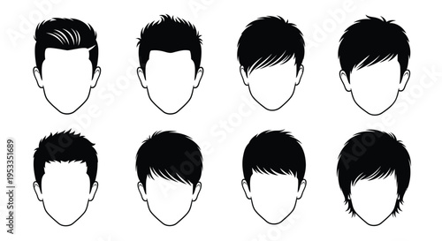 Six faceless male head silhouettes displaying various modern hairstyles