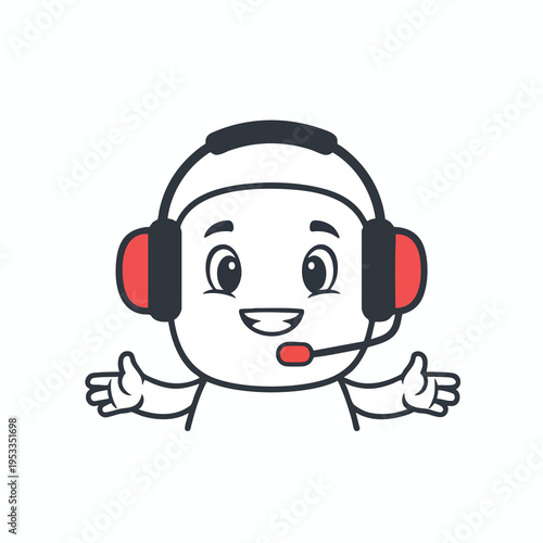 Cheerful cartoon character in headphones and headset, open arms gesture, white background