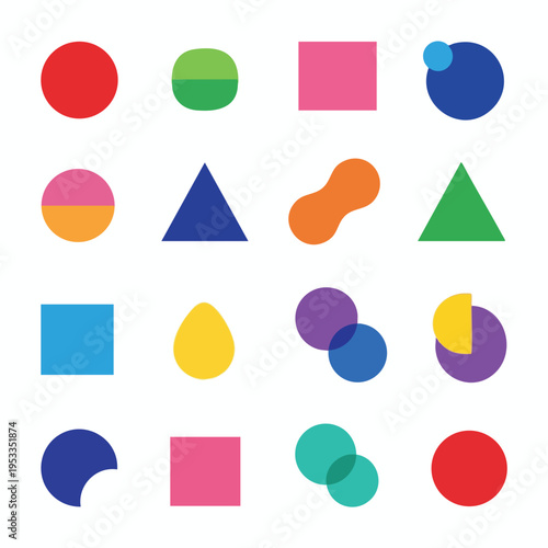 A grid of sixteen colorful geometric shapes with white background