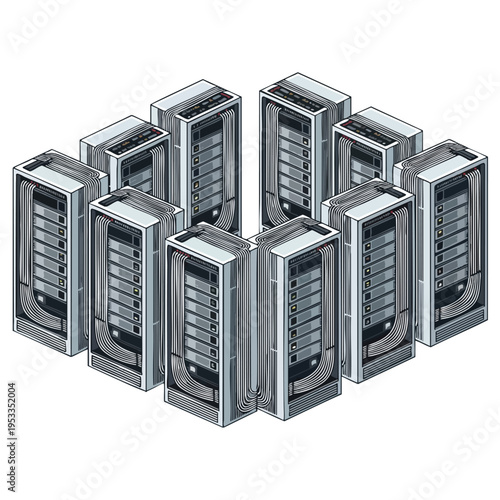 Isometric cluster of vintage mainframe computers with visible cabling