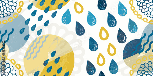 Abstract pattern with blue and yellow shapes resembling raindrops and florals