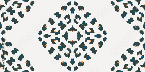 Symmetrical arrangement of dark teal and orange leopard print shapes