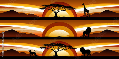 African savanna landscape with silhouetted wildlife at sunset