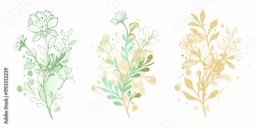 Delicate botanical illustrations of wildflowers in watercolor style