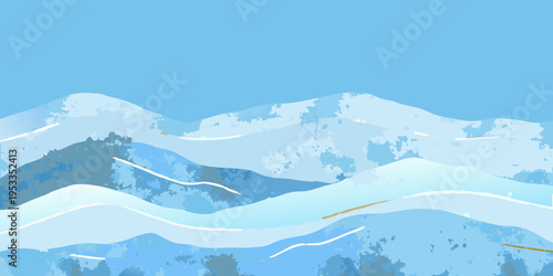 Stylized illustration of blue and white mountain peaks against a sky