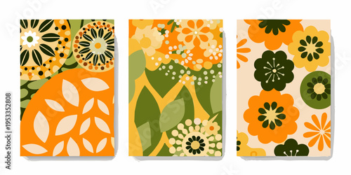 Three retro style floral panels with bold colors and organic shapes