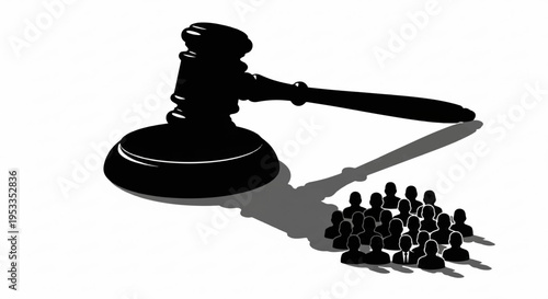 Judge gavel casting shadow on group of people symbolizing law and justice in a courtroom setting with authoritative mood and black silhouettes