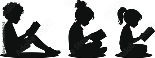 Black Silhouette Set of Children Reading Books Sitting on Floor for Kids Education Elementary School Learning and Childhood Literature Concept