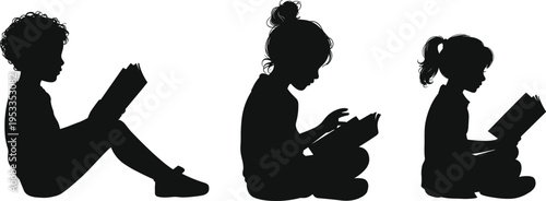Black Silhouette Set of Children Sitting and Reading Books for Kids Education Elementary School Learning and Childhood Literature Concept Vector