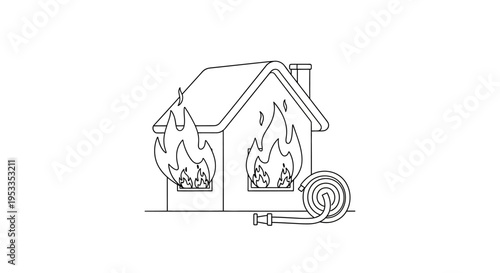 Burning house with fire flames.