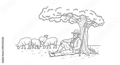 Man sitting under tree with pigs.