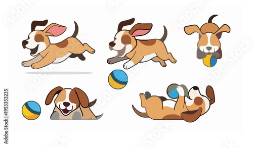 Playful dog activity set with running jumping and happy pet poses vector illustration collection