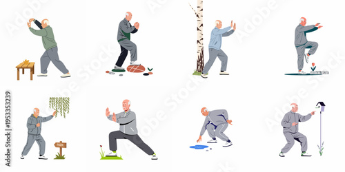 Collection of illustrations showing an elderly man practicing Tai Chi and Qigong exercises in various outdoor park settings for healthy aging.