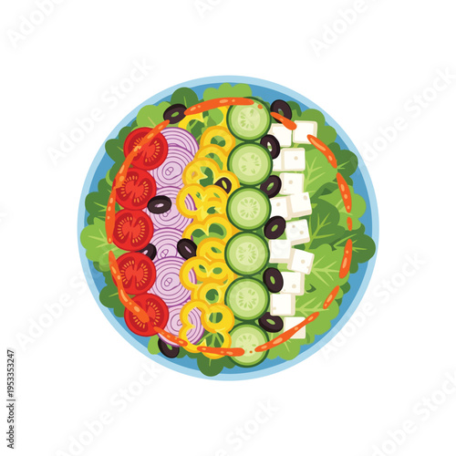 Colorful salad with lettuce, tomatoes, onions, peppers, cucumbers, olives, and feta cheese