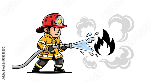 Little fireman in uniform spraying water.