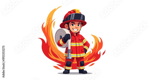 Cartoon fireman in red uniform.