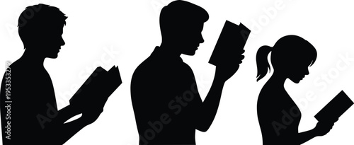 Black Silhouette Set of People Reading Books Standing Profile of Men and Woman for Education Library Literature and Learning Concept