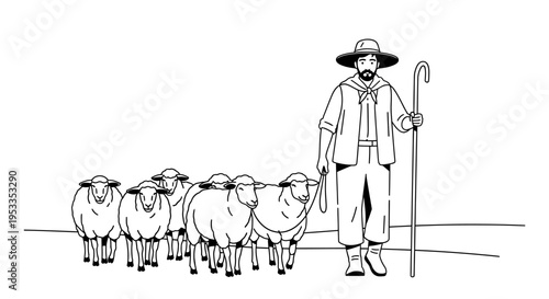 Shepherd with sheep flock walking together.