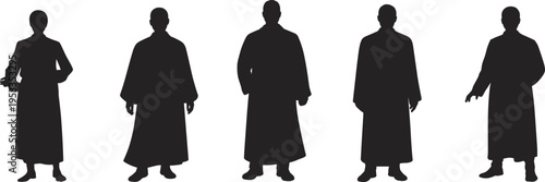 Black Silhouette Set of People Wearing Long Robes or Gowns Standing in Various Poses for Graduation Legal and Religious Concept