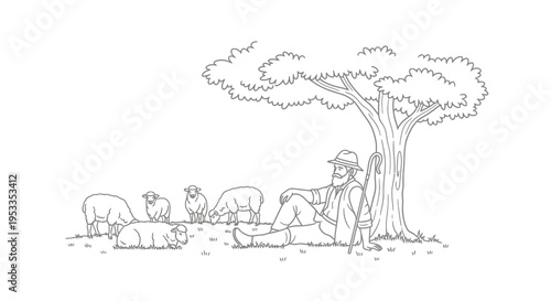 Man sitting under tree with cattle.