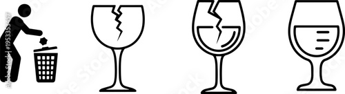 Broken Wine Glasses and Trash Can Icon.