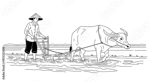 Man plowing field with oxen slowly.