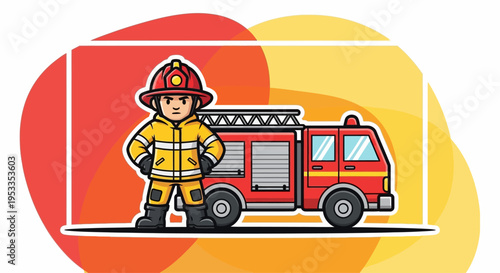 Little fireman standing next to firetruck.