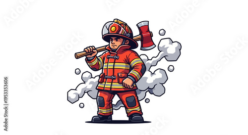 Firefighter cartoon character with axe.