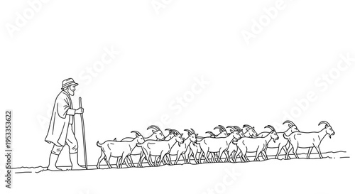 Shepherd guiding flock of sheep outdoors.