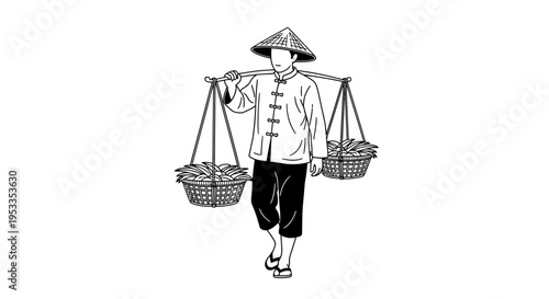 Asian vendor carrying baskets on shoulder.