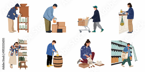 Set of people shopping at a zero waste store using reusable containers for sustainable and eco-friendly grocery buying.