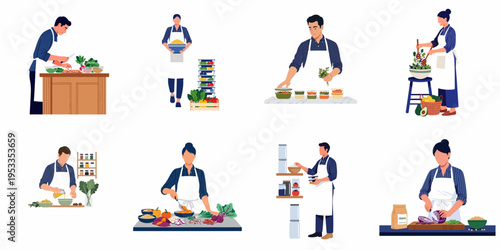 Set of diverse people engaged in healthy home cooking, vegetable preparation, and efficient meal prepping activities in a modern flat vector style.
