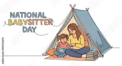 Mother and child reading in tent on national babysitter day with books and toys