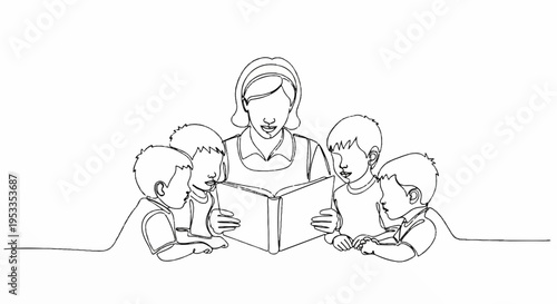 Woman reading book to three children sitting around her happy family literacy moment