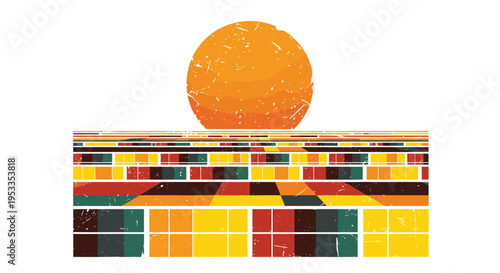 A retro-textured illustration shows a large, distressed orange sun descending over a grid of multicolored rectangular solar panels.