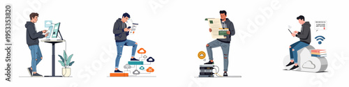 Set of illustrations featuring a young IT professional working with cloud computing, managing servers, and advancing his career in digital architecture.