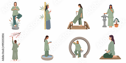 Set of Zen Illustrations Featuring a Woman Engaging in Mindful Activities Like Yoga, Meditation, Tea Ceremony, and Gardening in a Minimalist Flat Style.