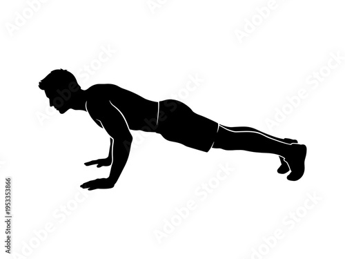 A clean black silhouette of a fit male athlete doing a push-up on a white background. Ideal for health, sports, and bodyweight training content.
