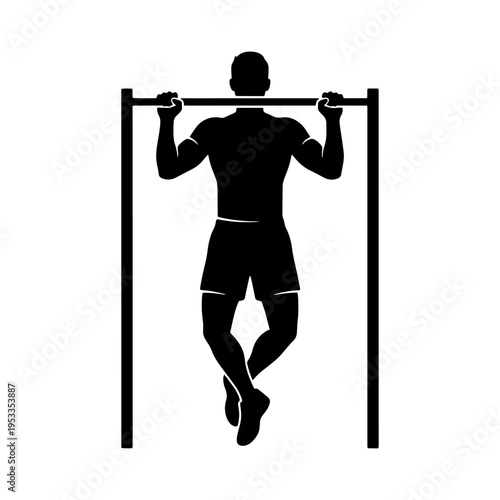 A black silhouette of a fit male athlete doing a pull-up exercise on a horizontal bar, representing calisthenics, strength training, and fitness workouts.