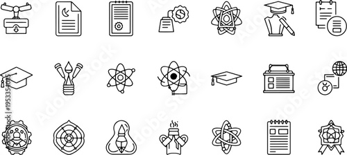 Collection of Simple Line Icons Representing Science and Education.