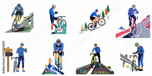 Collection of eight vector illustrations showing a professional male road cyclist training, climbing mountains, using technology, and maintaining his bicycle on various routes.