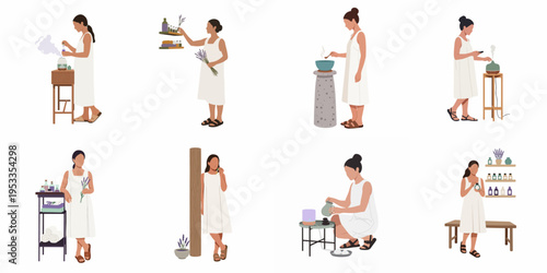 Collection of flat vector illustrations showing a woman practicing aromatherapy, using essential oils, diffusers, and lavender for wellness and relaxation.