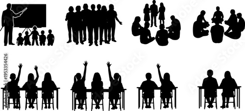 Silhouettes of People in Various Group Settings.