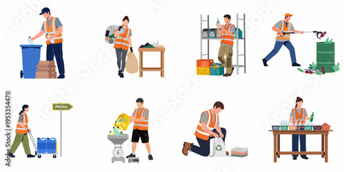Set of flat vector illustrations depicting waste management workers and volunteers sorting, weighing, and collecting plastic and recyclable waste for environmental sustainability.