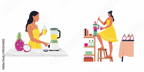 Set of illustrations featuring a woman in a yellow dress making healthy dragon fruit smoothies using a blender in a modern kitchen.